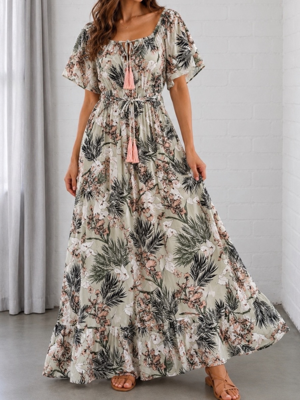 Anthropologie Label of Love Tropical Floral Tassel Tie Boho Maxi Dress Medium